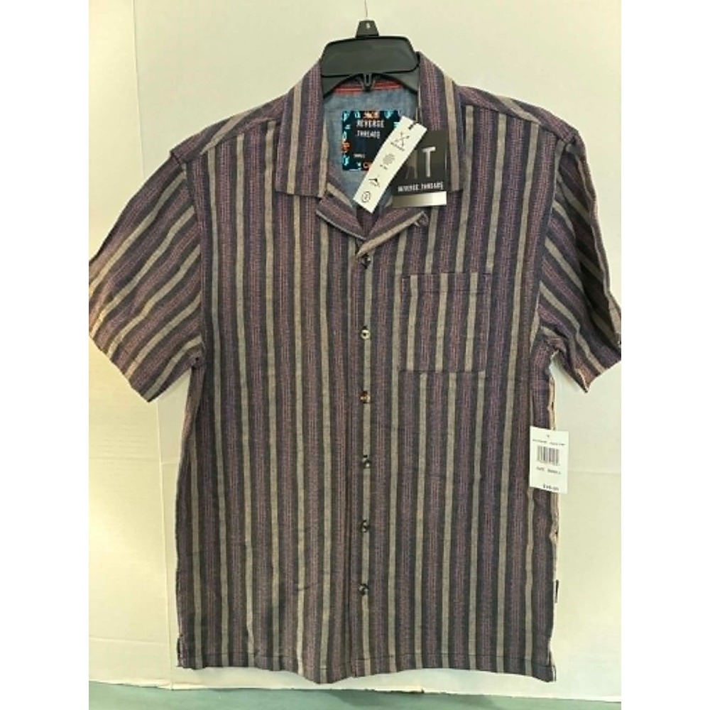 Reverse Threads‎ Mens Small Brown Stripe Button Up Shirt Short Sleeve Casual